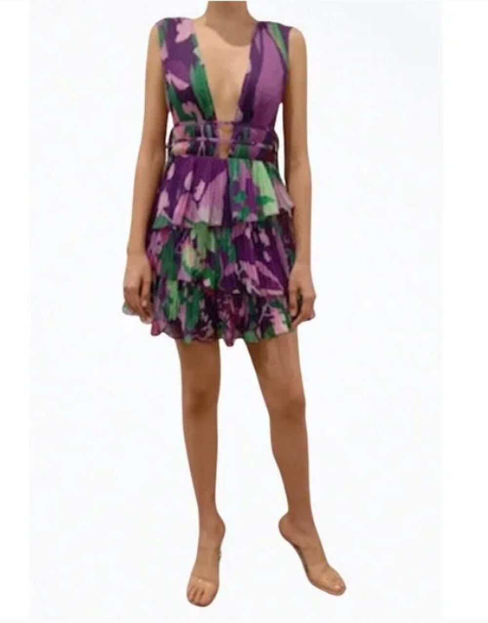 Roccoco Sand Aerin Pleated Cutout Chiffon Mini Dress Womens Medium